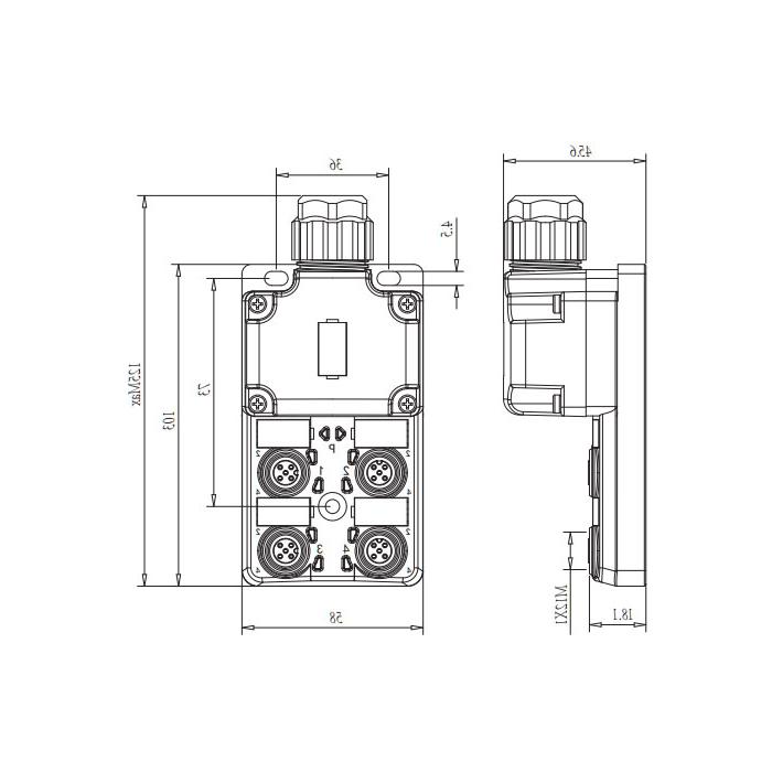 M12分线盒、双通道、PNP、4端口分体式、带LED、PCB端子带插头、24P4SG